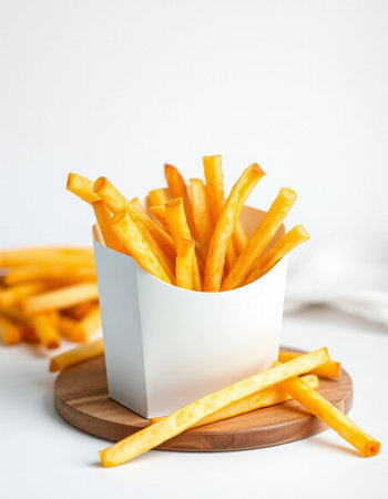 French fries in a white box on a white background. Selective focus.