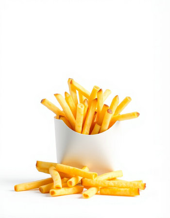 French fries in a white box on a white background. Isolated