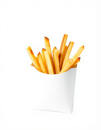 French fries in paper box isolated on white background. Close up.