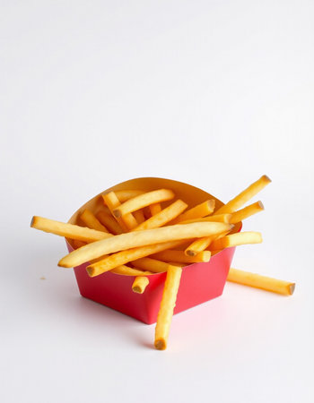 French fries in a red box on a white background with copy spaceの写真素材