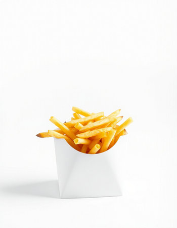French fries in a white box on a white background. Isolated