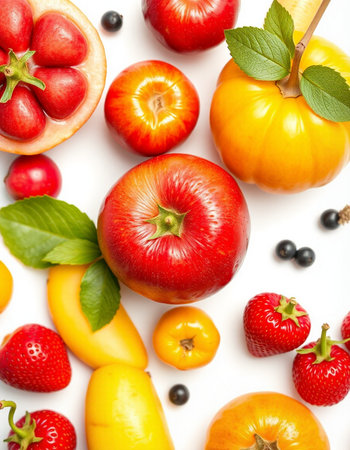 Composition with fresh fruits and berries on white background, top view