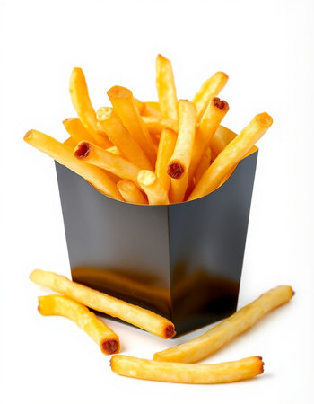 French fries in a black box on a white background. Isolated