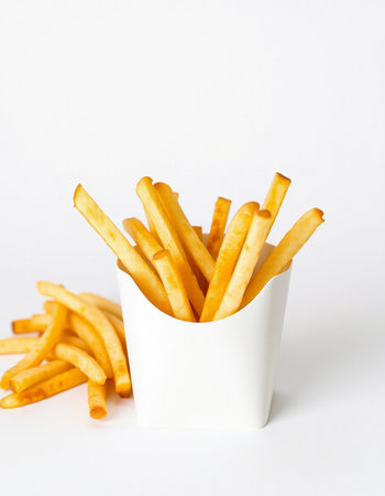 French fries in a white box on a white background. Selective focus.