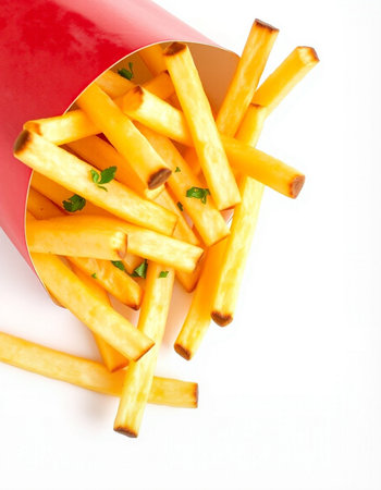 French fries in a red box on a white background, close up