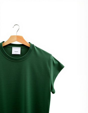 Green t-shirt on a hanger isolated on a white backgroundの写真素材