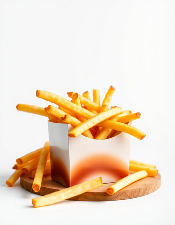 French fries in a paper box on a white background. Fast food.