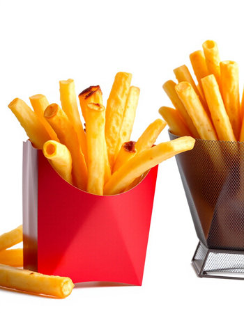 French fries in a red box on a white background. Isolated