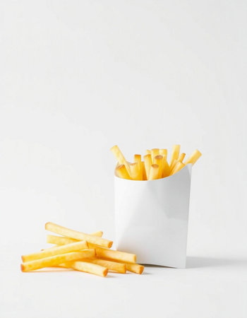 French fries in a white paper box on a white background. Fast food.