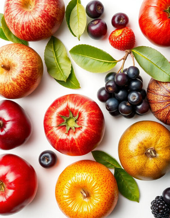 Fruits and berries on white background. Top view. Flat layの写真素材