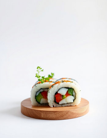 Sushi roll with salmon, tomato and cucumber on white backgroundの写真素材