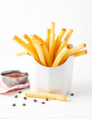 French fries with ketchup on white background. Selective focus.