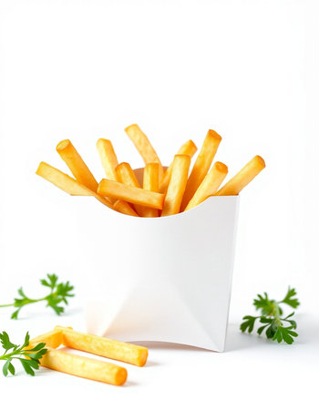 French fries in a white box with parsley on a white backgroundの写真素材