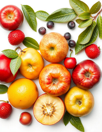Fruits and berries isolated on white background. Flat lay, top view