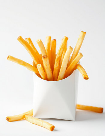 French fries in a white box on a white background, close-up
