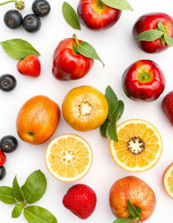 Fruits and berries on white background. Flat lay, top view