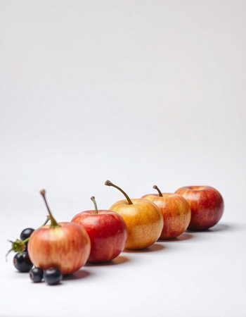 Ripe red apples and black currant on a white background.の写真素材