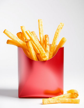 French fries in a red box on a white background close-up