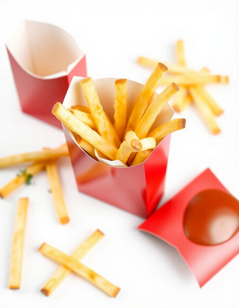 French fries in a red box on a white background. Selective focus.