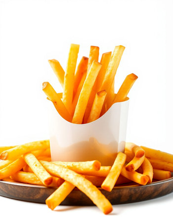 French fries in a bowl on a white background. Selective focus.