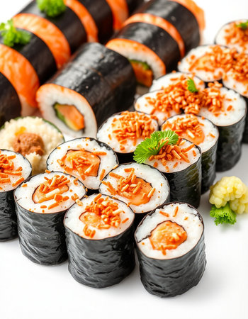 Japanese Cuisine - Sushi Roll with Shrimps, Cream Cheese and Raw Salmon inside. Nori outsideの写真素材