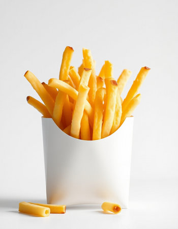 French fries in a white box on a white background, side view