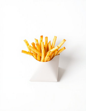 French fries in a white box on a white background, top view