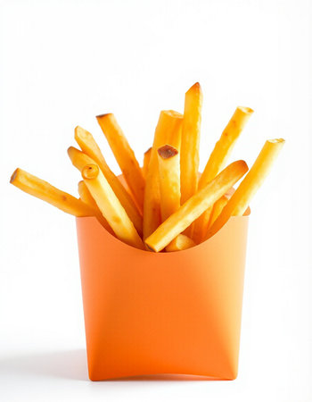 French fries in orange box isolated on white background. Selective focus.