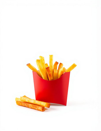 French fries in red box isolated on white background. Fast food.