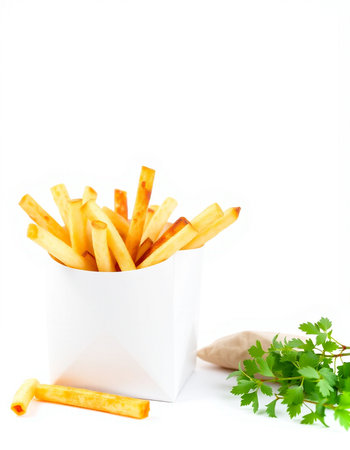 French fries in a paper box with parsley, isolated on whiteの写真素材