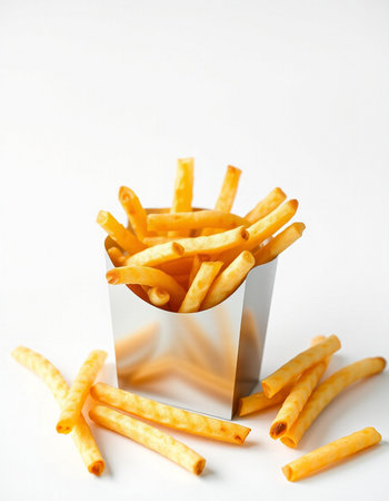 French fries in a paper cup on a white background. Fast food.