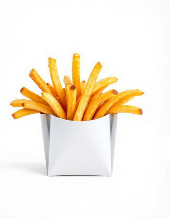French fries in a white box on a white background. Isolated