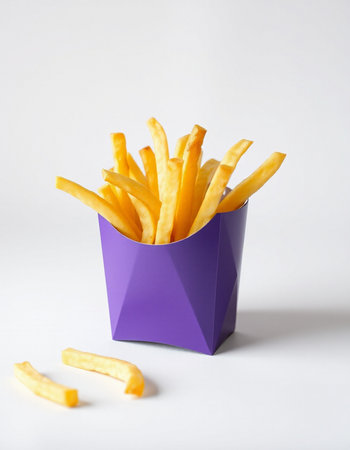 French fries in a purple box on a white background. Fast food.の写真素材