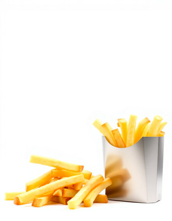 Golden French fries in paper bag isolated on white background with clipping path