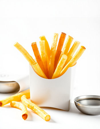 French fries in a white box on a white background, selective focus