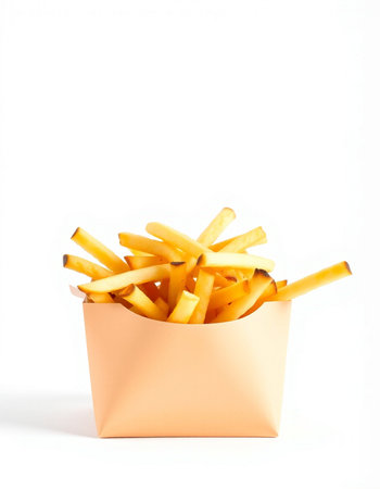 Golden French fries in paper box isolated on white background. Fast food.