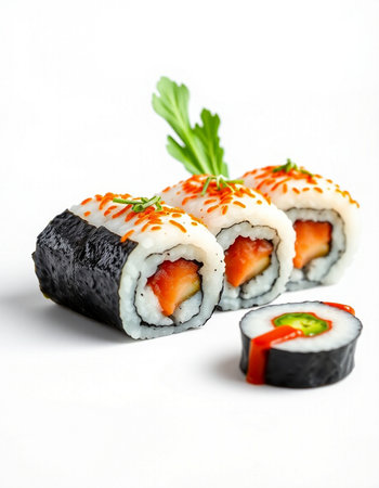Sushi roll with salmon and cucumber on a white background.の写真素材