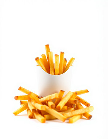 French fries in a paper cup on a white background. Isolated