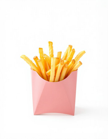 French fries in pink box isolated on white background. Fast food.