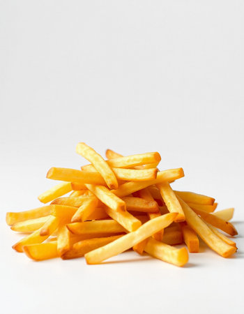 Golden French fries potatoes on white background. Selective focus, copy spaceの写真素材