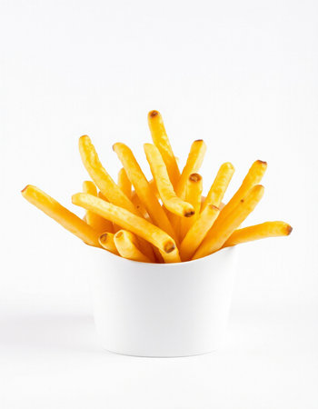 French fries in a white bowl on a white background. Isolated