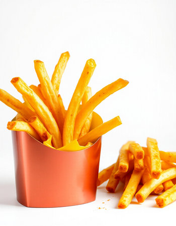 French fries in a red box on a white background. Selective focusの写真素材