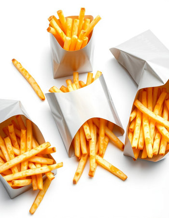 French fries in paper box isolated on white background. Top view.