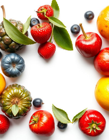Fruits and berries on white background. Healthy food. Top view.の写真素材