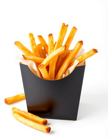 French fries in paper box isolated on white background. Selective focus.