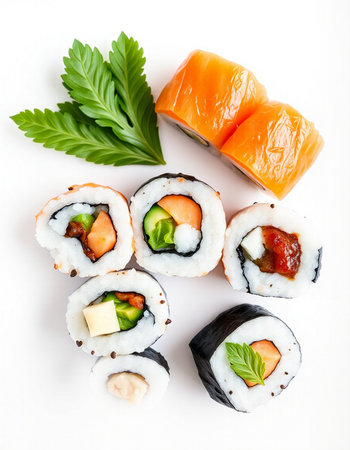 Sushi roll with salmon, tuna, cucumber, cream cheese and wasabi isolated on white backgroundの写真素材
