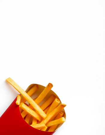 French fries in a red box on a white background, top view