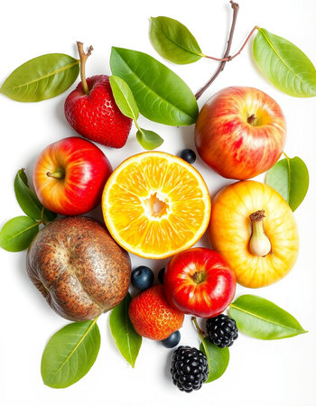Fruits and leaves isolated on white background. Top view. Flat lay.