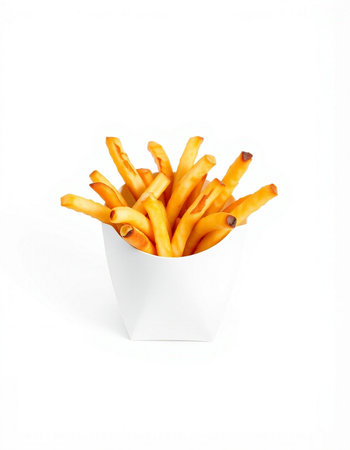 French fries in a white paper box on a white background. Isolated