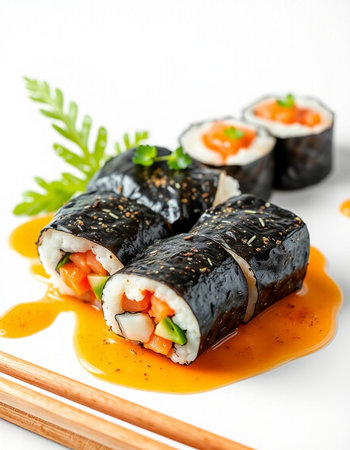 Sushi roll with salmon and cucumber on a white background.の写真素材